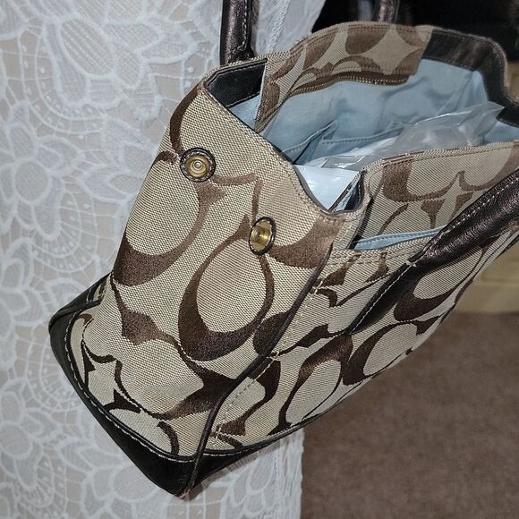 Vtg Coach Signature Shoulder Tote Purse Pockets Pouches Twist Lock Blue Interior - Picture 7 of 16